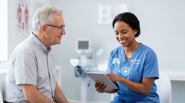 Female doctor showing digital health data on tablet to senior male patient in clinic, medical consultation with holographic icons for heart, lungs, DNA, shield