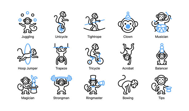 Monkey circus icons showing performers and acts on white background