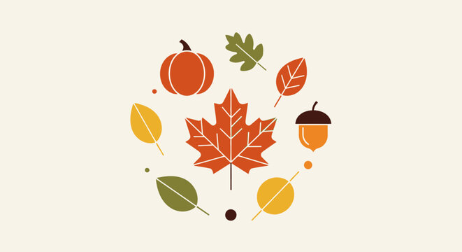 Circular autumn wreath of fall leaves and icons.