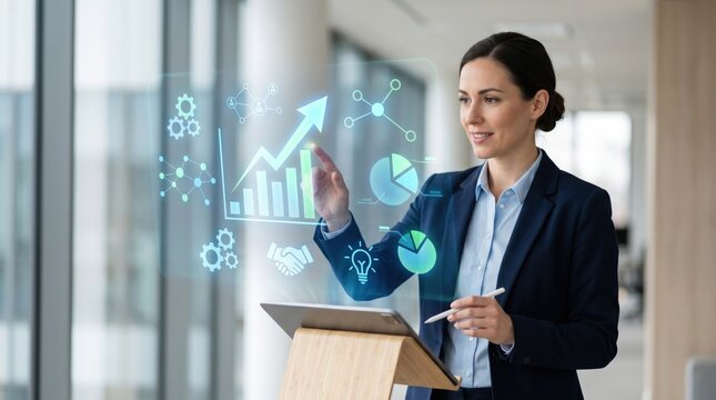 Professional businesswoman interacting with virtual holographic screen, analyzing growth charts and pie graphs