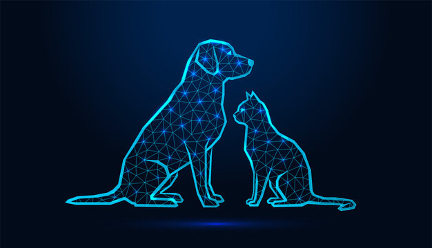 Neon low poly wireframe dog and cat sitting together on dark blue background.
