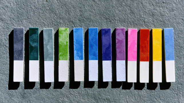 Test strip color line on textured gray surface, overhead flat lay of pool water test strip row with bright sun shadow and clean minimal layout