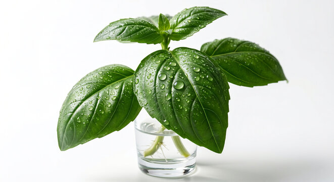 Fresh sweet basil stem with morning dew droplets