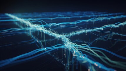 Fototapeta premium Abstract digital grid network with glowing blue light connections and floating data particle nodes