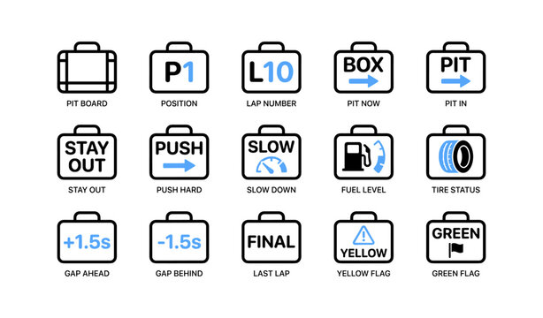 Pit board icons showing racing messages and flag indicators on white