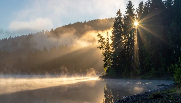Sunbeams breaking through mist over serene mountain lake at dawn with towering pine trees and golden sunlight illuminating tranquil waters and fore...