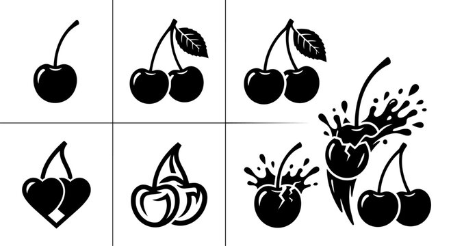 Black Cherry Illustrations With Stems And Leaves Graphic Design Elements
