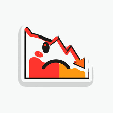 Expressive declining market graph sticker with sad face and arrow