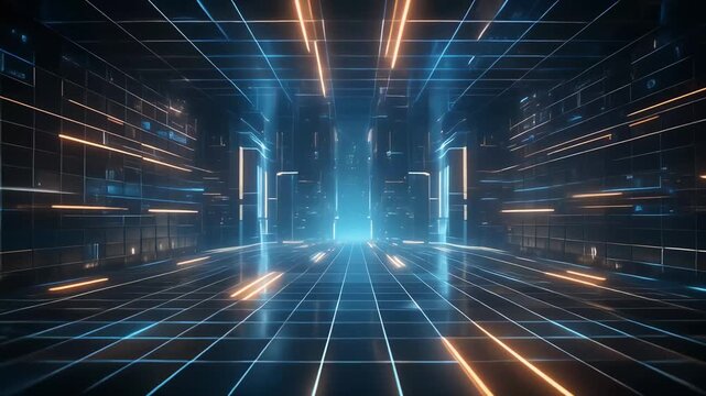 Neon-lit futuristic cityscape with glowing digital infrastructure and holographic elements
