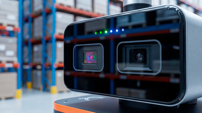 Advanced robotic sensor with dual cameras and indicator lights in a warehouse setting