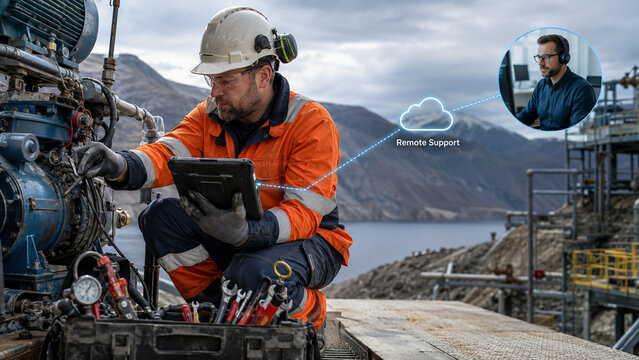Industrial technician using a tablet for remote support while repairing machinery at a remote site