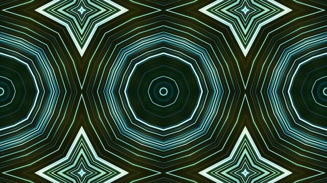Kaleidoscope bold green lines form geometric patterns rhythmic effect motion. vintage decorative.