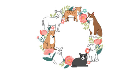 Fototapeta premium A cute illustration of various dog breeds forming a floral wreath on a white background.