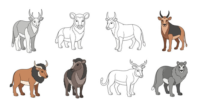 A collection of various hoofed mammals, including deer, antelopes, and bovines, depicted in both colored and outline styles.