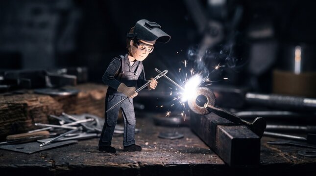 Papercraft welder uses a sewing needle to fuse a metal ring, emitting bright sparks. It represents industrial fabrication, craftsmanship, and the power of precise tools.