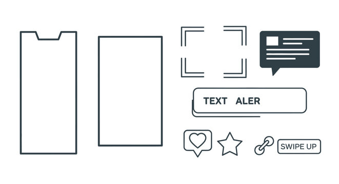 Mobile App UI Elements: Smartphone Mockup, Icons, Text Alert, Swipe Up