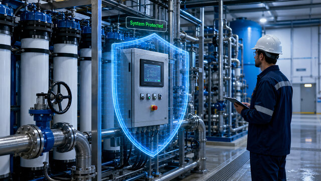Industrial cybersecurity concept with a technician monitoring a protected control panel in a water treatment plant
