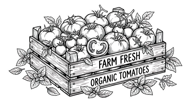 Vintage wood crate of farm fresh organic tomatoes, hand drawn sketch of heirloom tomatoes with basil leaves, rustic garden vegetable vector