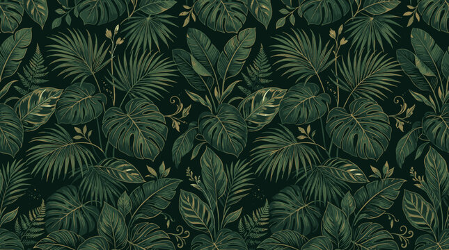 Dark Green Tropical Leaf Foliage Background.