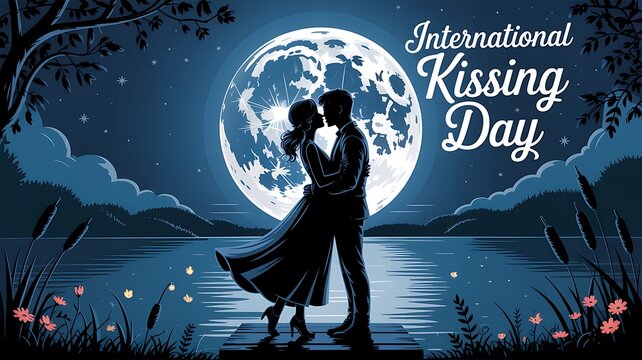 Couple kissing in front of a full moon at night