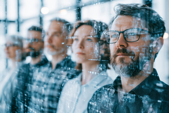 Futuristic business meeting in a modern office tower, executives interacting with holographic UI displays and data visualizations, collaboration and innovation theme, bright natural light, polished co