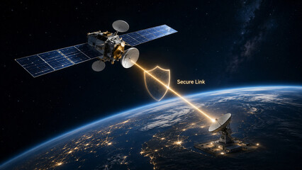 Fototapeta premium Satellite communication with secure data link transmission to ground station in space, 3d rendering
