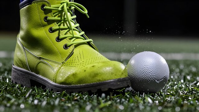 [STYLE] of boots striking a ball in extreme close action showing laces compressing the panel surface at impact with stitched leather and rubber stud textures, high-speed flash freezing dust burst, viv