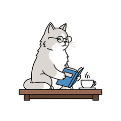 A cute cartoon cat wearing glasses reads a book while sitting at a table © dalam