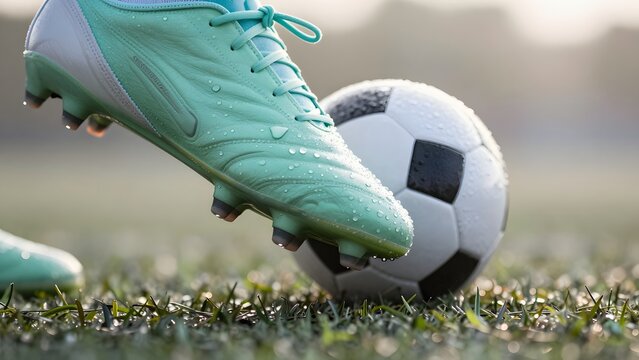 [STYLE] of a football boot kissing a dew-covered ball at kickoff showing fine water beads bridging stud and panel with micro-droplet refraction textures, soft cinematic dawn lighting, pearl and jade p