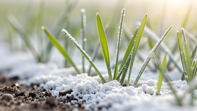 [STYLE] of grass blades and white boundary chalk in extreme close-up showing powder particles clinging to green stems with crystalline pigment and dew textures, low raking morning sun, pure white and