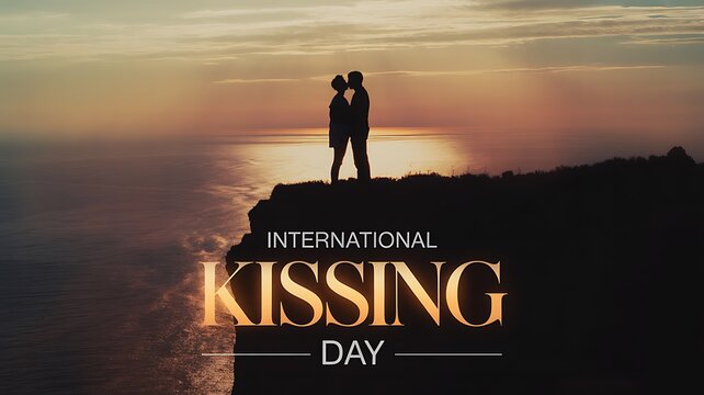 Couple kissing on a cliff at sunset for international kissing day