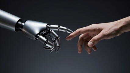 Fototapeta premium [STYLE] of a humanoid robot hand reaching toward a human hand showing fingertips nearly touching with brushed titanium joints and soft skin textures, dramatic chiaroscuro spotlight, cool chrome and wa