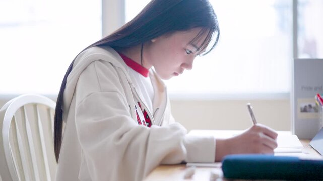 自宅で勉強する中学生