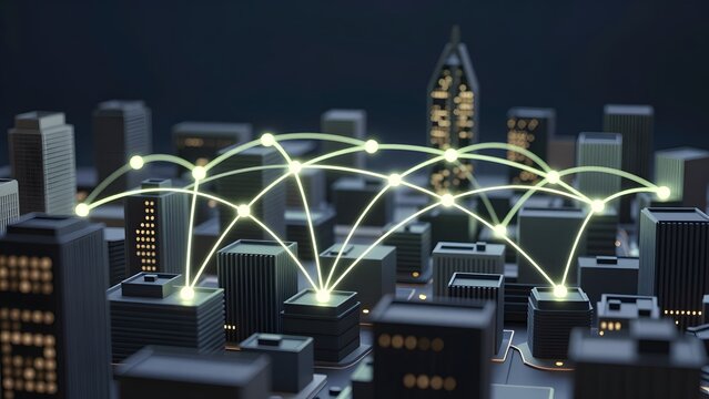 [STYLE] of 5G-era connection arcs over a city model showing luminous parabolas linking rooftop nodes across a miniature downtown with light-thread and matte-model textures, dark staged lighting with g