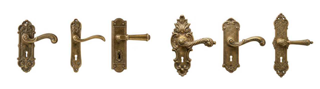 Vintage brass door handles and knobs with ornate designs in various styles isolated on transparent background