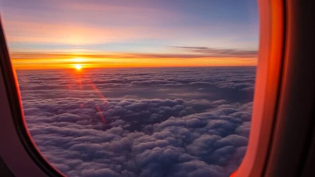 A vibrant sunrise viewed through an airplane window above the thick cloud layer