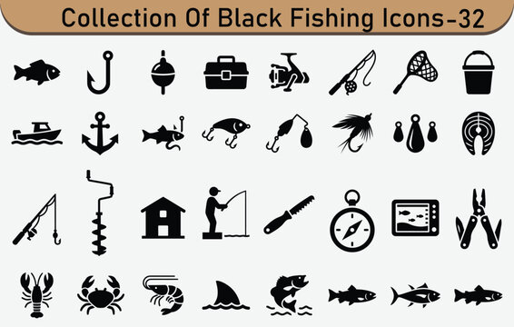 Collection Of Black Fishing Icons Including Fish Hooks And Boats Flat Vector Pictograms angling aquatic bait bass boat catch cod compass