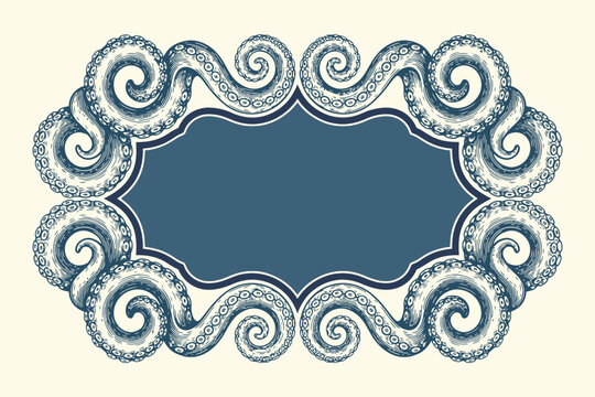 Octopus tentacles label frame vector illustration in hand drawn engraving style isolated on white background for marine vintage decorative and nautical design projects