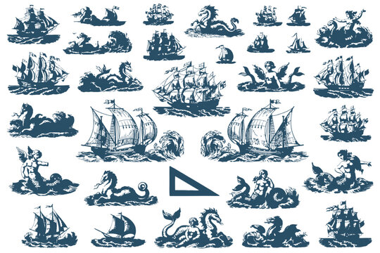 Old boats and sea monsters vector set featuring vintage nautical ships, mythological ocean creatures, maritime fantasy illustrations, and retro hand drawn sketch design