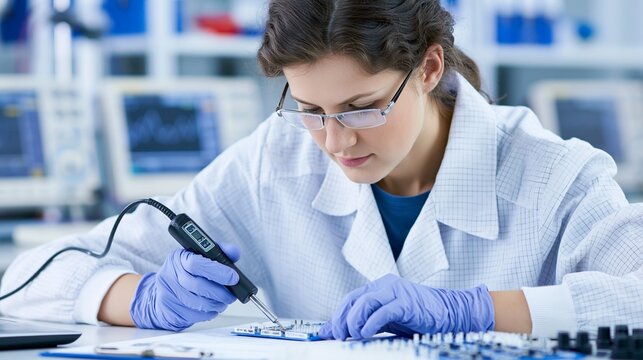 Female engineer in an immaculate lab setting uses a digital torque driver to finetune a MEMS gyroscope module with blurred oscilloscopes and labeled parts in the background.