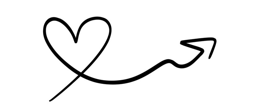 Hand drawn heart with arrow symbol, simple black line art on transparent or white background