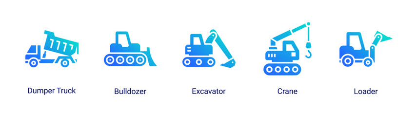 Earth Movers icon set featuring heavy construction vehicles for excavation, lifting and industrial engineering projects. © Arjuna