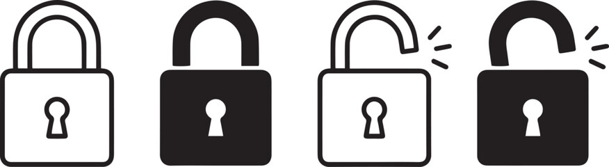 Lock and unlock padlock icon set featuring closed and open symbols with motion lines in outline and solid filled black styles. Security and access control symbols representing password protection © SyedDesigner