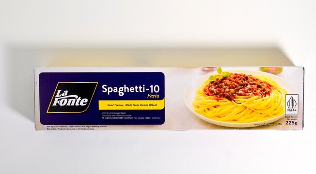 Jakarta, Indonesia - June 12th, 2026 - La Fonte spaghetti size 10 packaging box isolated on horizontal white background.
