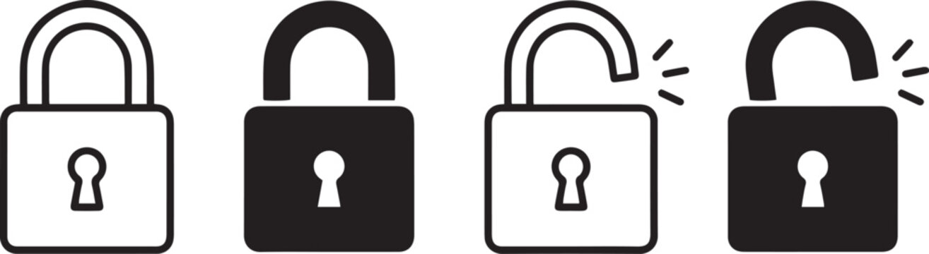 Lock and unlock padlock icon set featuring closed and open symbols with motion lines in outline and solid filled black styles. Security and access control symbols representing password protection
