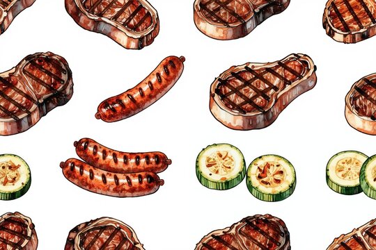 Watercolor pattern shows grilled steaks sausages and zucchini slices. Fresh cookout food for summer picnic. Delicious protein dish illustration.