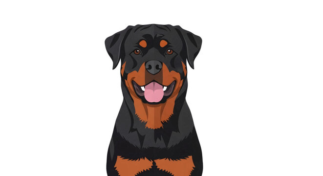 Frontal view of a happy cartoon Rottweiler dog with its tongue out on a plain white background.