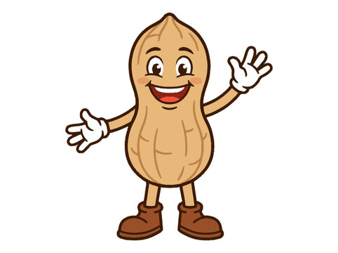 Smiling peanut mascot blushing and extending its three-fingered hand w