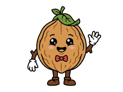 Cheerful brown walnut mascot character with a green leaf expressive ey