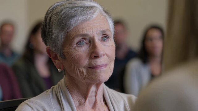 grouptherapy senior woman support counseling listening mentalhealth community healing care Elderly Caucasian woman reflects while listening in a supportive therapy circle illustrating belonging shared